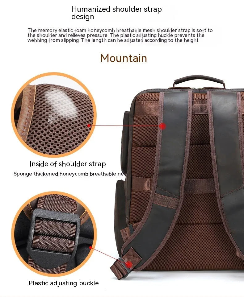 Dark brown retro crazy horse leather backpack for men with double shoulder straps, open front pocket.