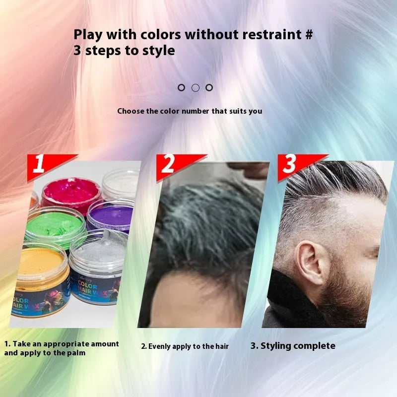 120g tub of hair styling clay mud in various colours including blue, red, and green for temporary hair dye
