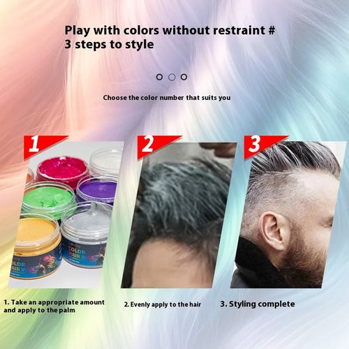 120g tub of hair styling clay mud in various colours including blue, red, and green for temporary hair dye