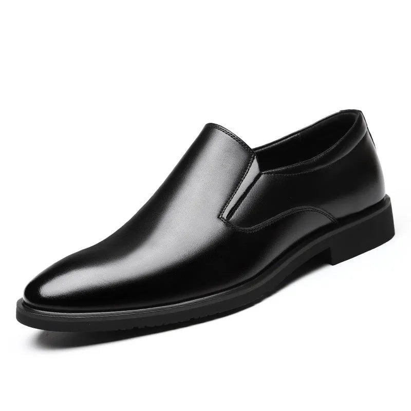 Men's black genuine leather slip-on loafers with a rubber sole and leather toe cap.