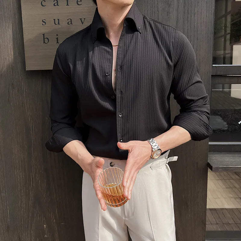 Men's dark stripes V-neck long sleeve casual shirt in chemical fibre blend fabric