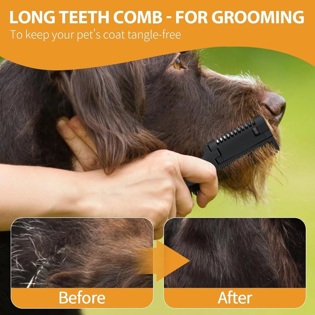A silver and black 2-in-1 razor comb and brush for grooming dogs and cats, shown with replacement blades.