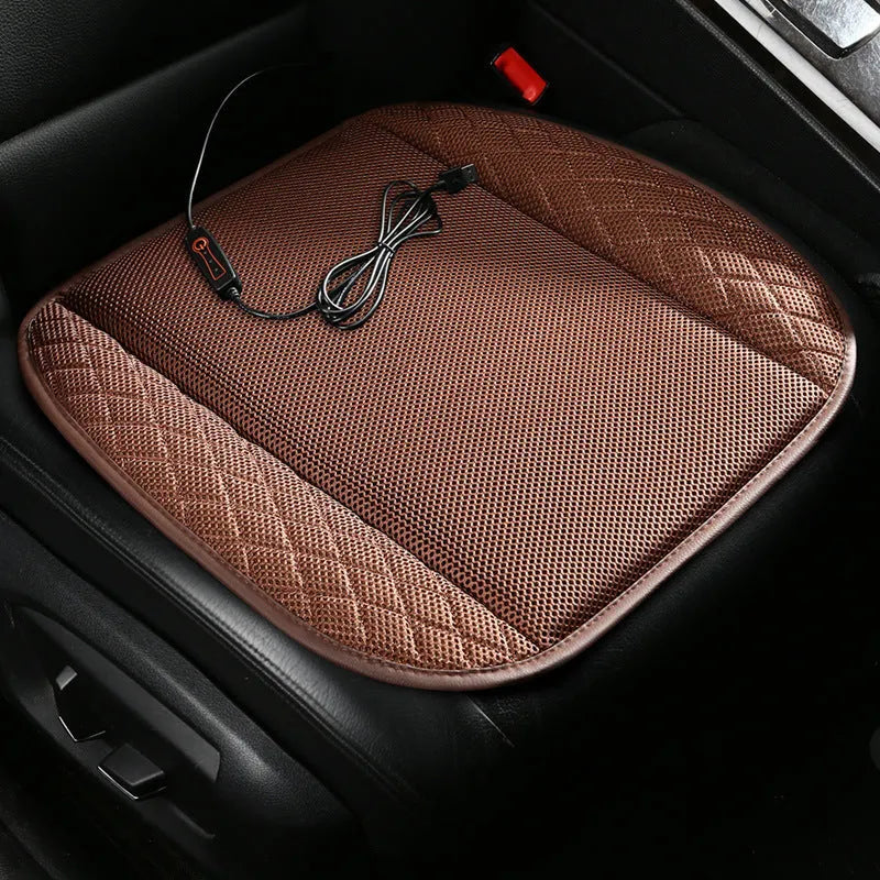 Black ventilated car seat cushion with USB cable for 5V cooling fan system.