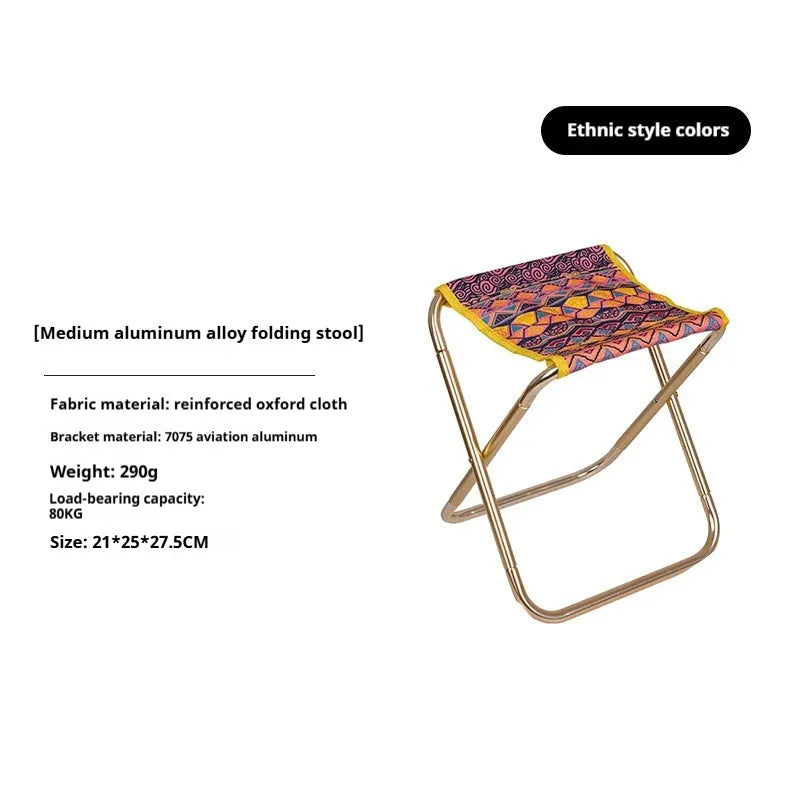 Black aluminium alloy folding stool shown in folded and unfolded positions for camping and outdoor use.