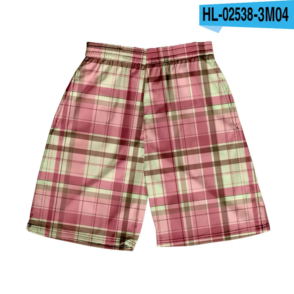 Men's plaid shorts with elastic waistband in straight leg cut for casual summer wear