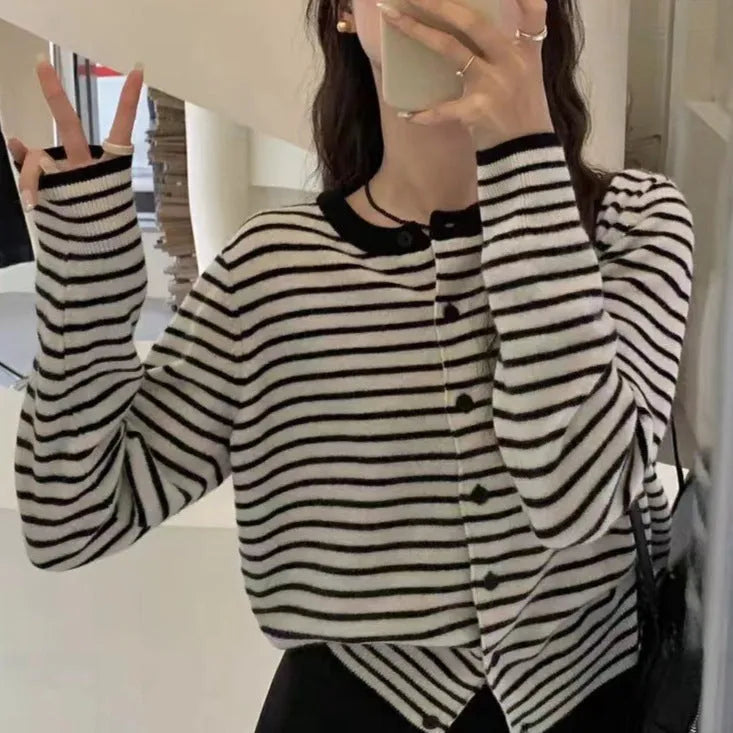 Women's French style slim fit striped cardigan coat with dark grey and white pattern, 40cm length