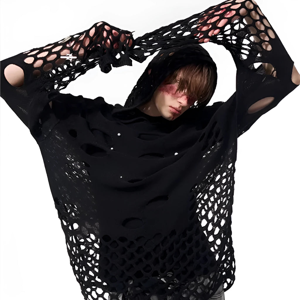 Men's black hooded sweater with pearl decoration, loose fit, thin knit spring hoodie