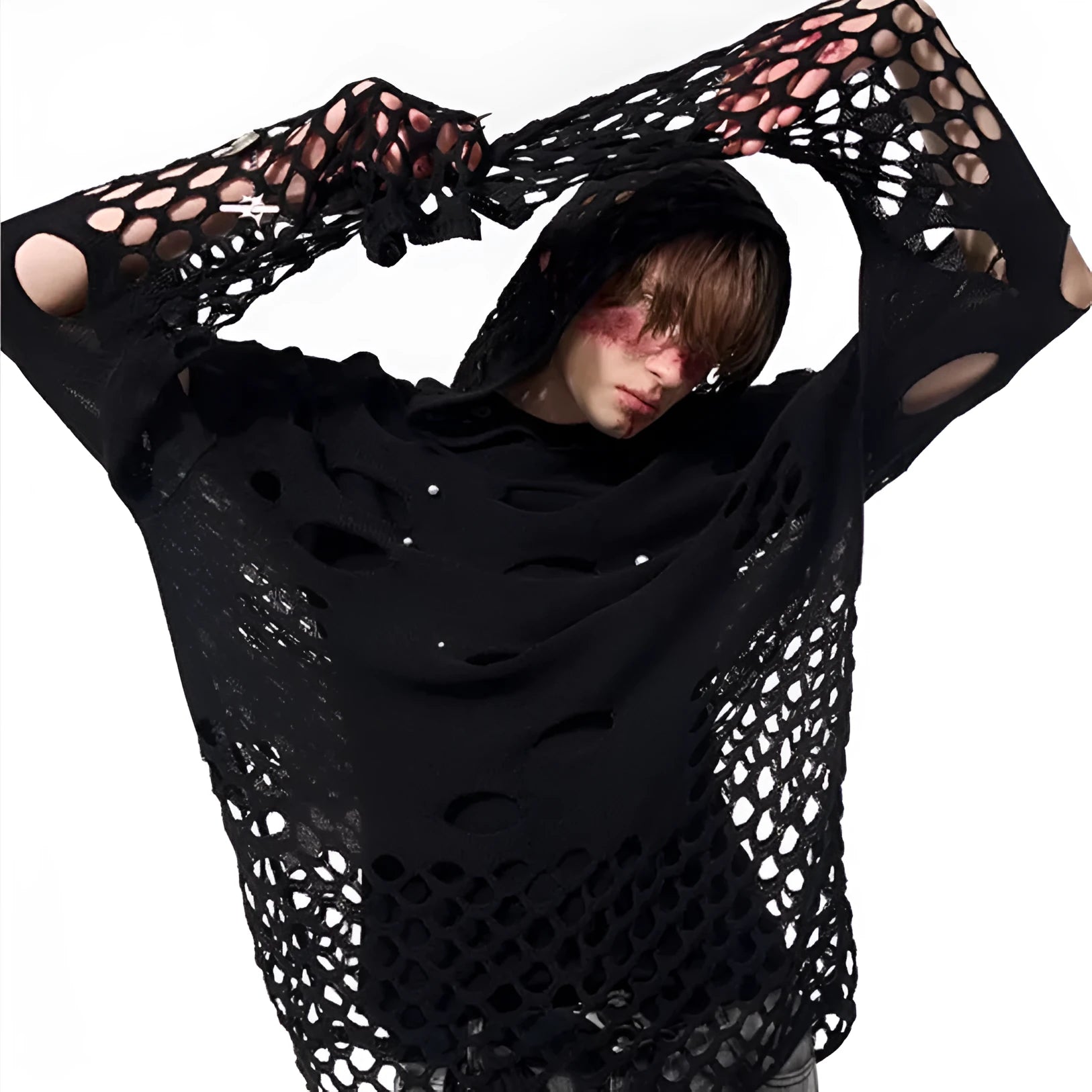 Men's black hooded sweater with pearl decoration, loose fit, thin knit spring hoodie