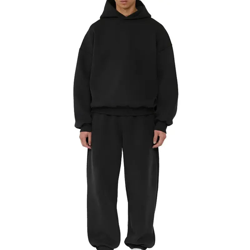 Men's grey fleece-lined cotton pullover hoodie with a wool lining and threaded long sleeves.