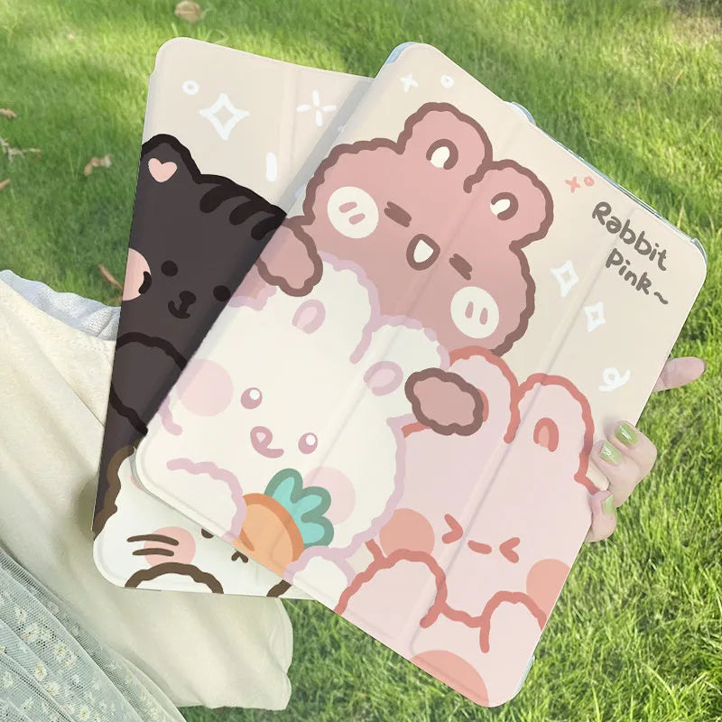 Silicone flat tri-fold protective case body with rabbit cartoon design for Apple iPad
