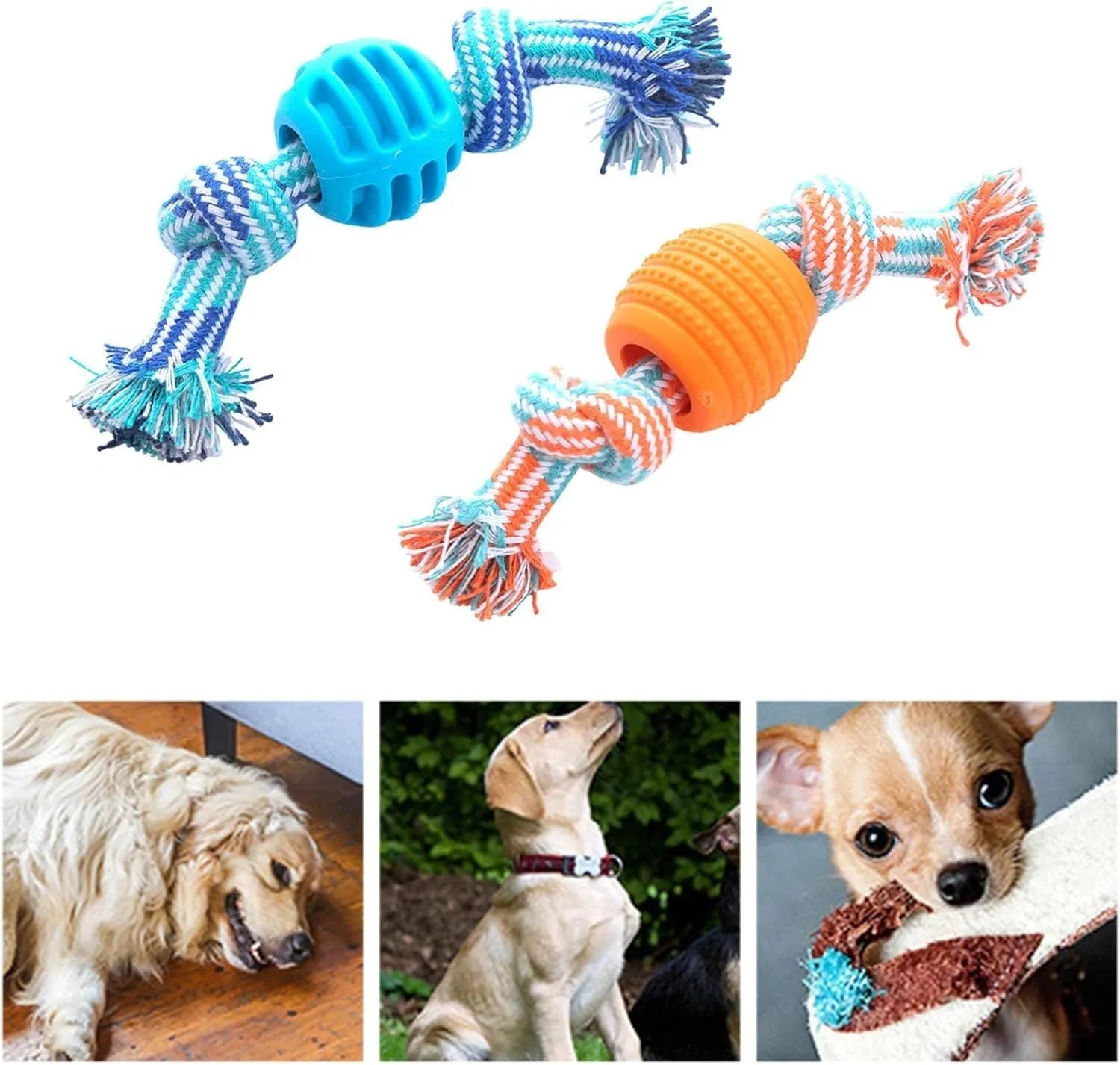 Blue dog chew toy with rope centrepiece for dental cleaning, approximately 9.5 cm diameter