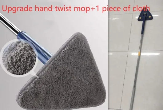 Blue extendable triangle cleaning mop with rotating head on stainless steel pole.