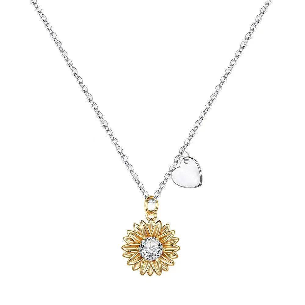925 silver sunflower necklace with geometric pendant and cross chain, adjustable length