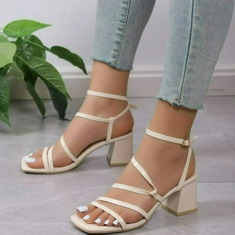 Plus size beige open toe slippers with a square toe and an adjustable ankle buckle strap