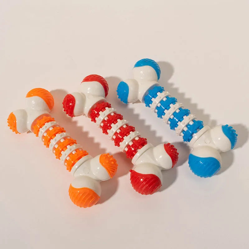 Blue bone-shaped interactive dog toy with treat holder for small breed teething and training