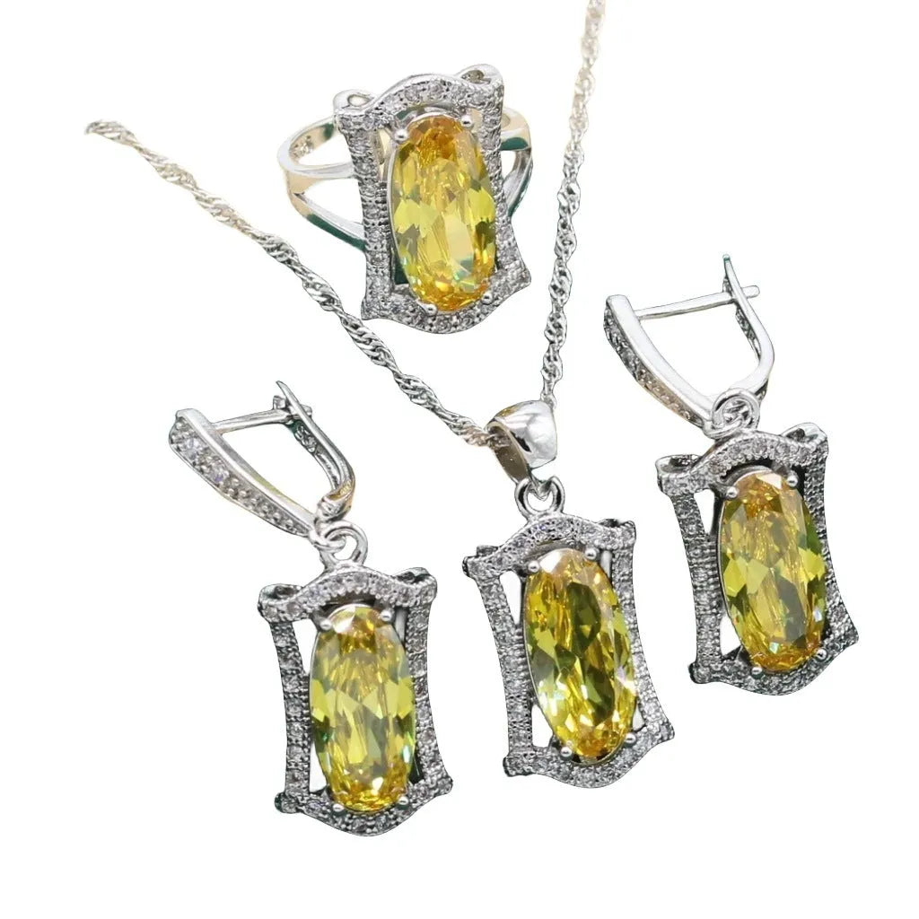 Women's anti-allergy zircon jewellery set with necklace, earrings, ring, and bracelet in yellow or olive colours