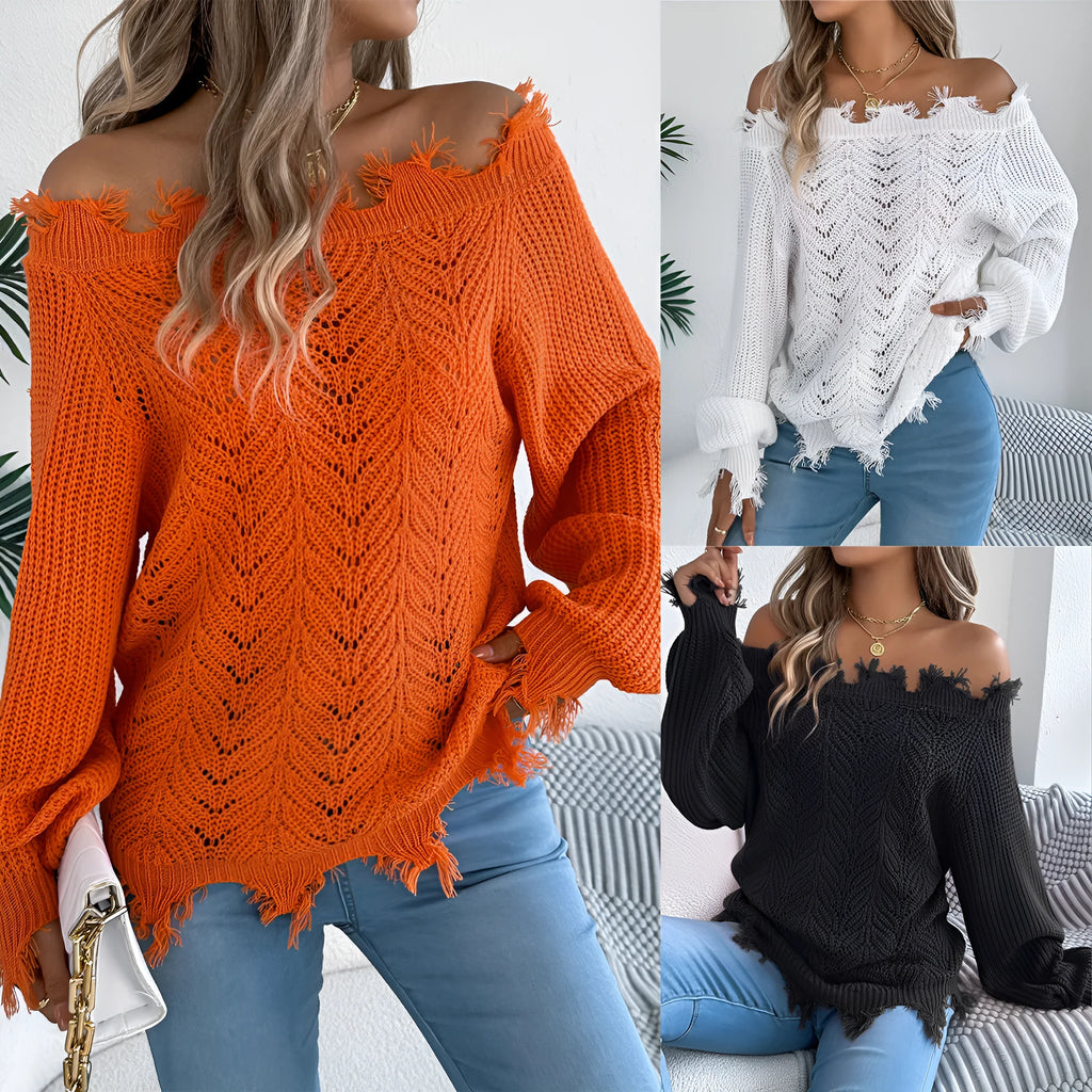 Women's white hollow-out cut-off-shoulder pullover sweater with regular sleeves on hanger