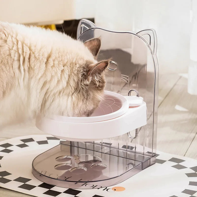 Grey cat feeding bowl with cat ears design, adjustable height, and removable hanging cage attachment