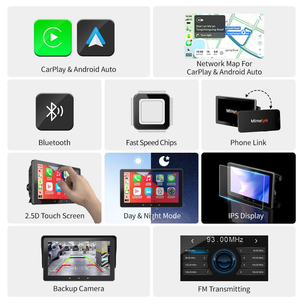 7 inch wireless CarPlay display with cigarette lighter interface and suction cup mount for universal car use