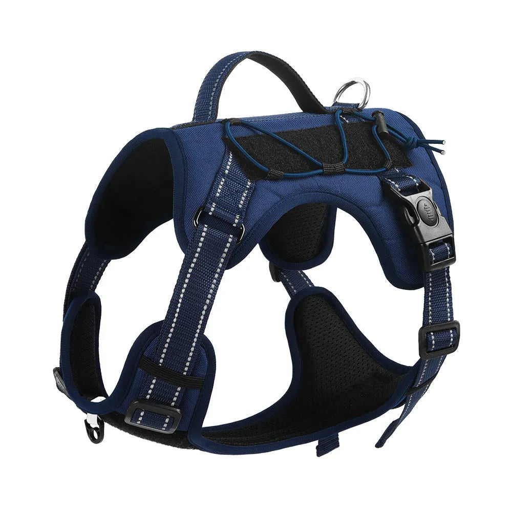 Orange reflective dog vest harness with an attached black hand-holding rope lead on a medium-sized dog.