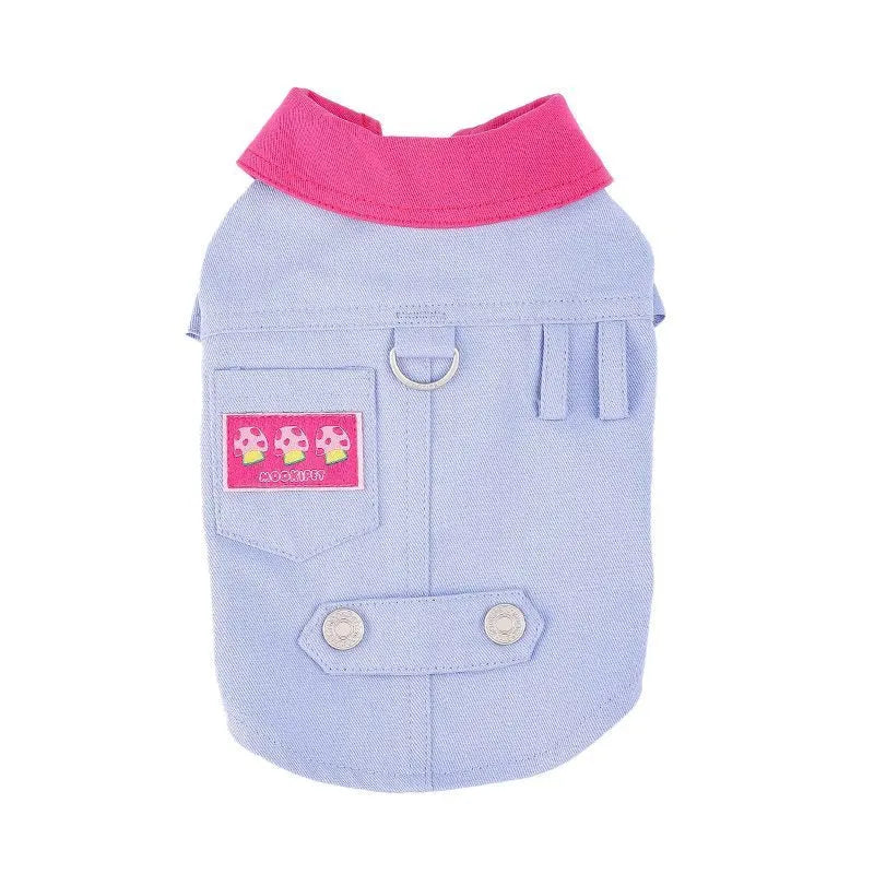 Blue summer dog vest with traction ring on small dog showing lightweight polyester construction