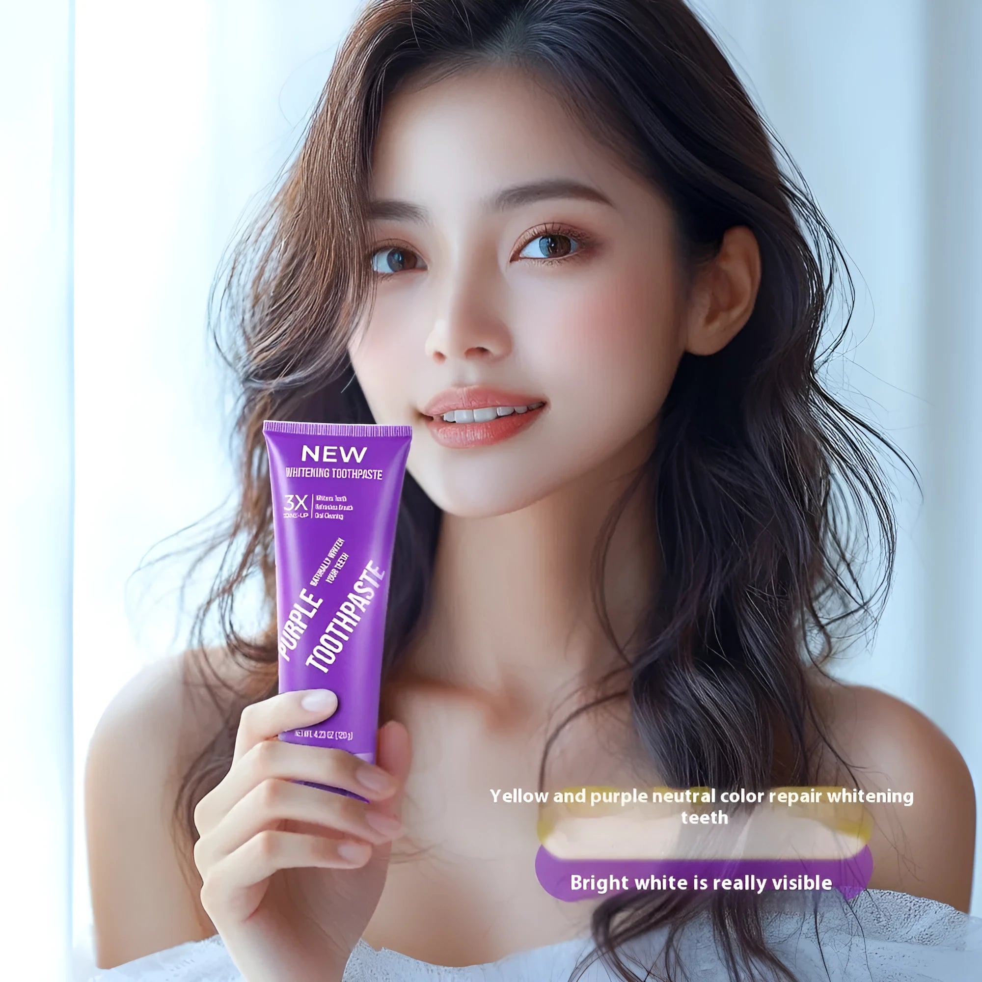 Purple whitening toothpaste tube for adults in 120g and 65g sizes to remove yellow stains