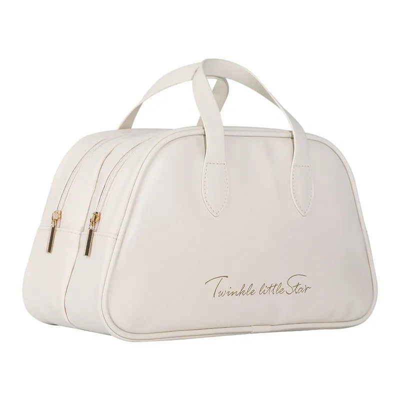 Large capacity PU leather travel toiletry bag with wet-dry separation compartments in caramel mocha colour