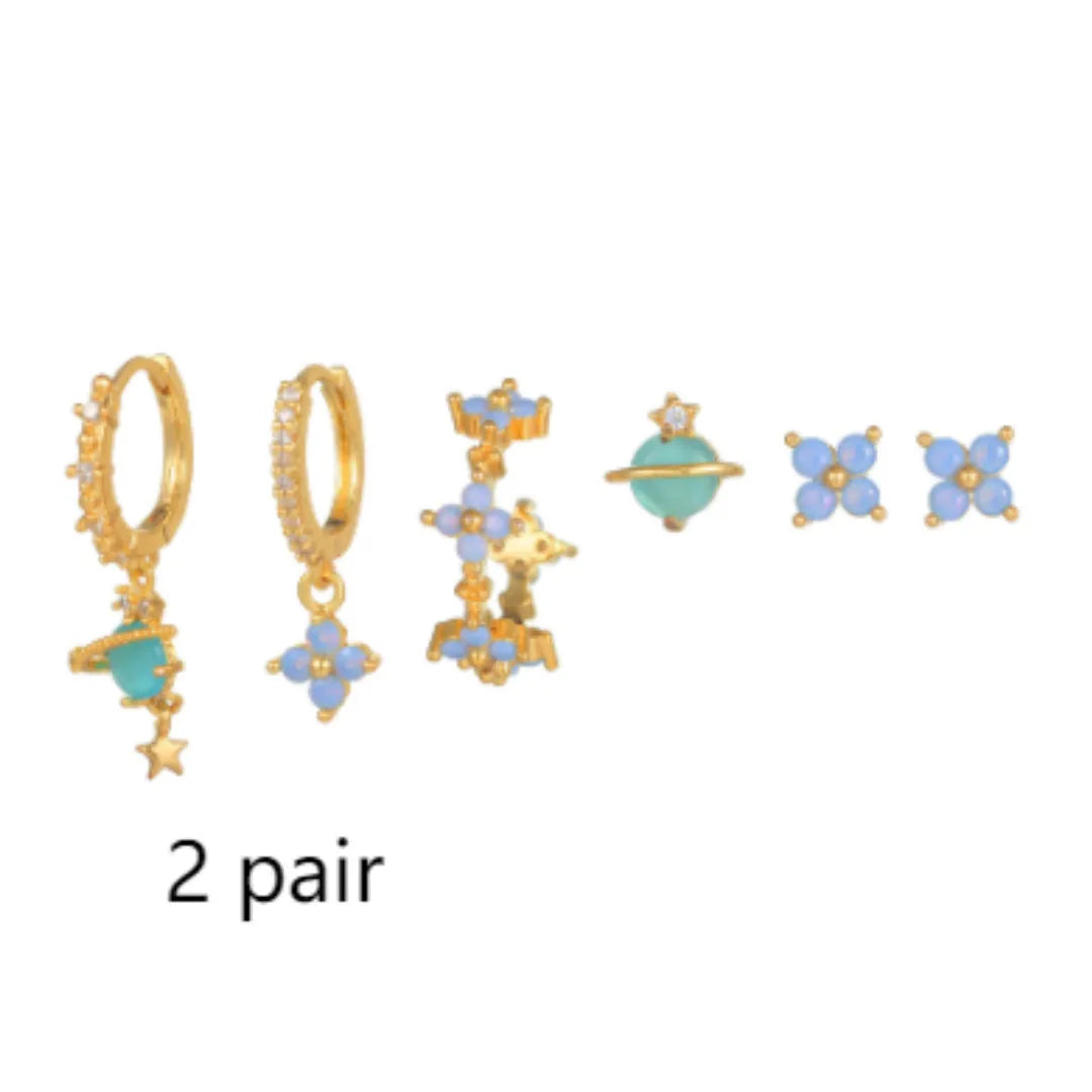 Gold and silver flower stud earrings with zircon mosaic, Japanese Korean sweet style.