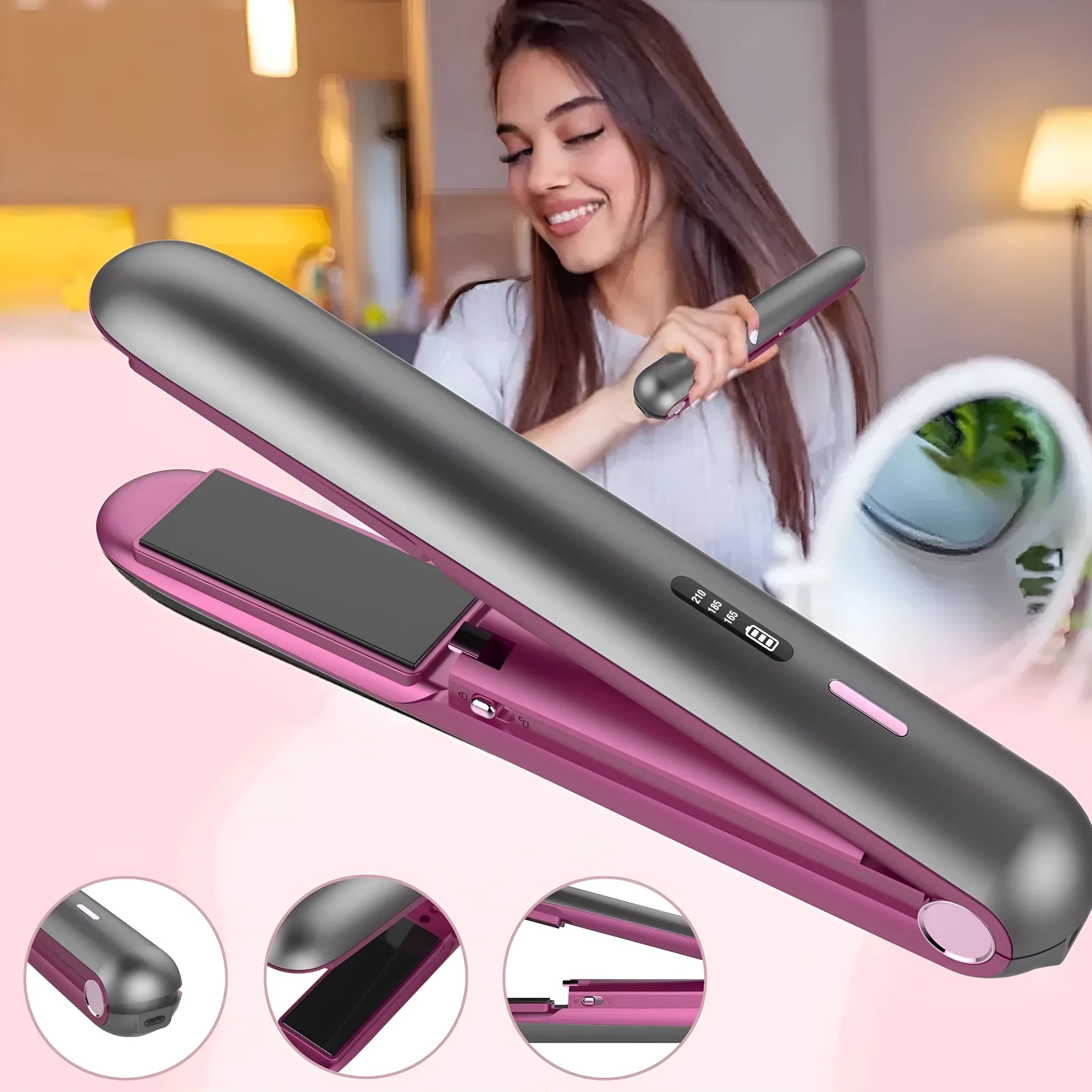 Moon shadow gray wireless hair straightener with tourmaline ceramic plates for bangs