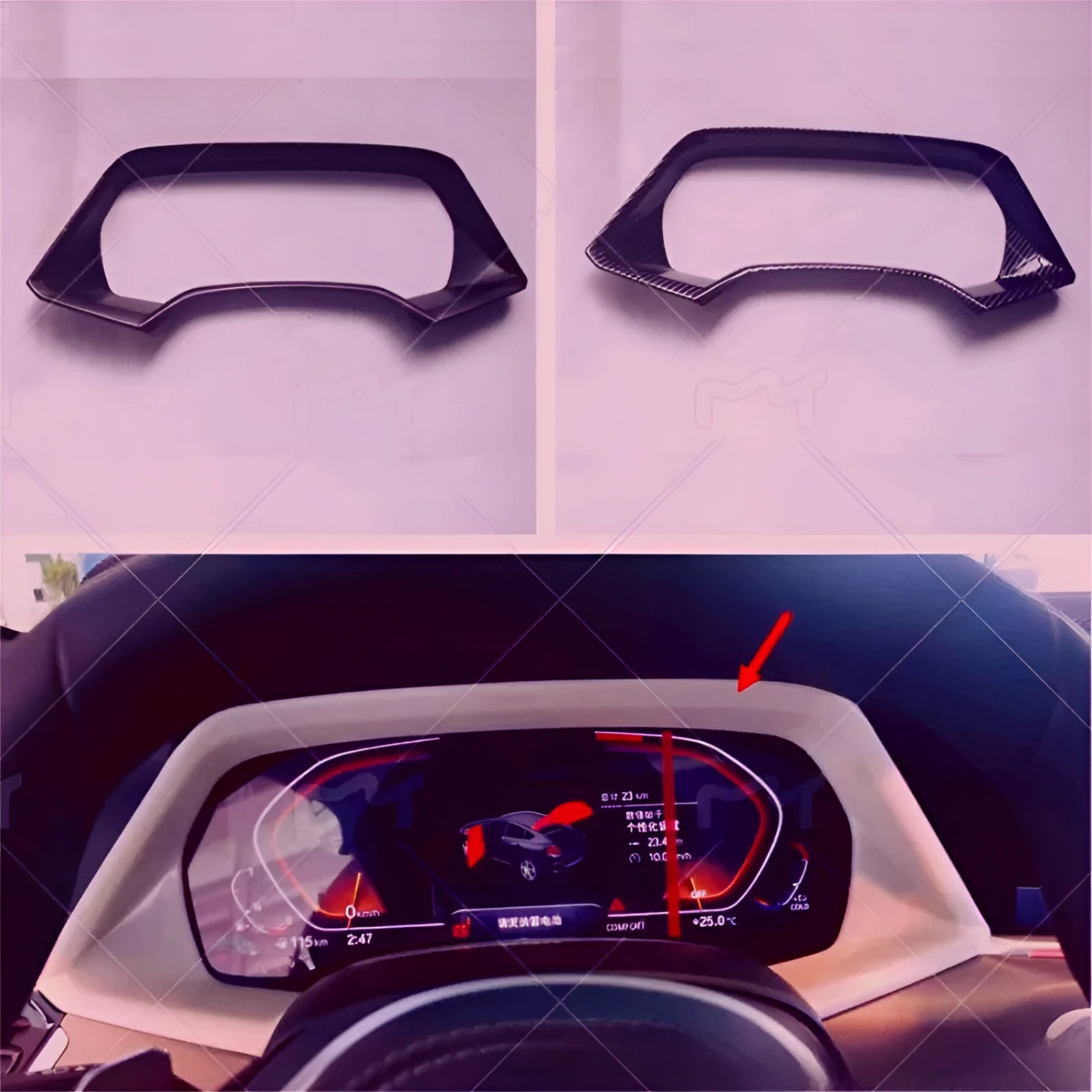 BMW X5 dashboard decorative frame in Peach Wood and Carbon Fiber finishes with double-sided adhesive tape