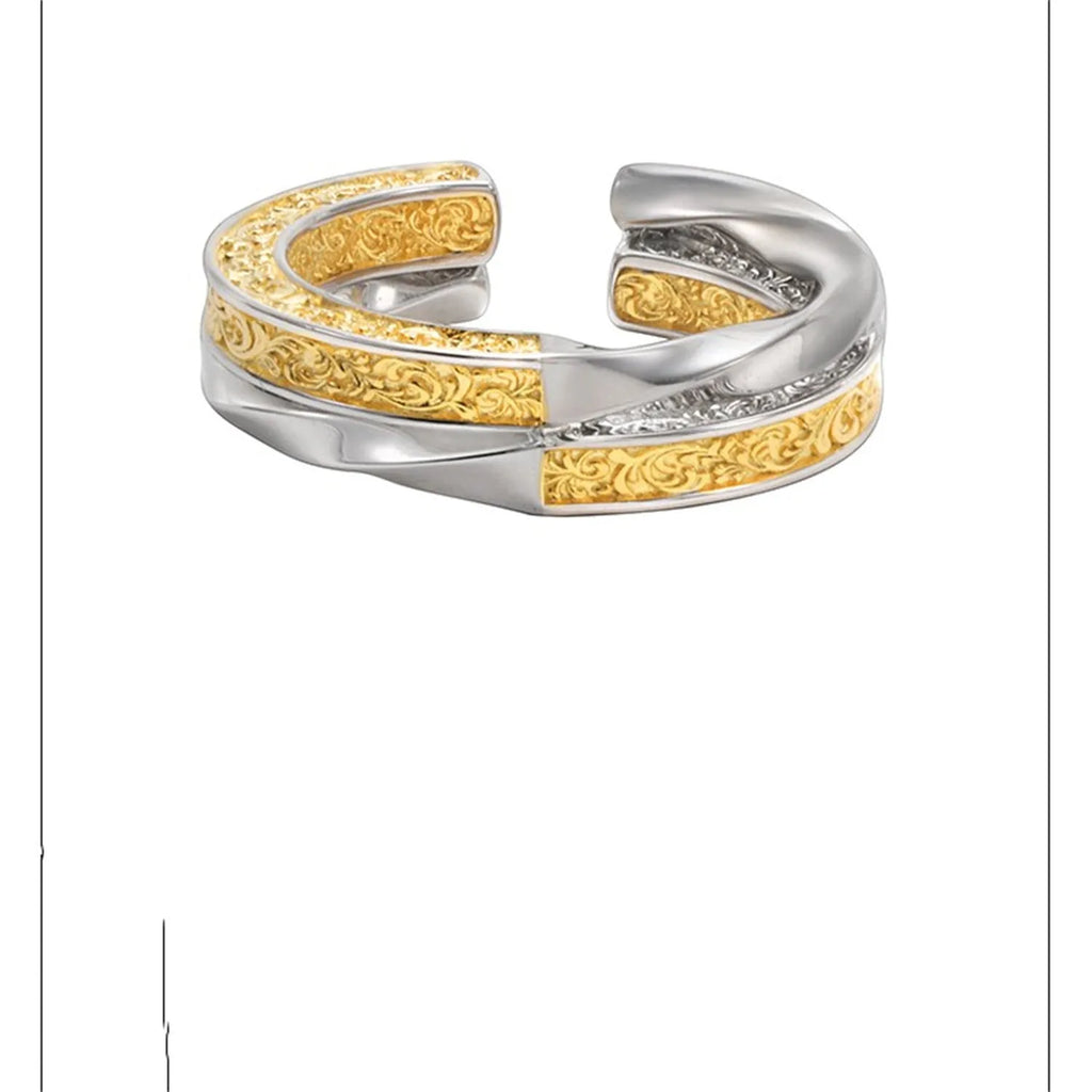 Adjustable 925 silver ring with gold and silver colour blocked Tang grass pattern and open band