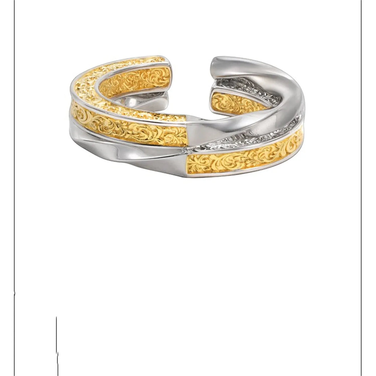 Adjustable 925 silver ring with gold and silver colour blocked Tang grass pattern and open band