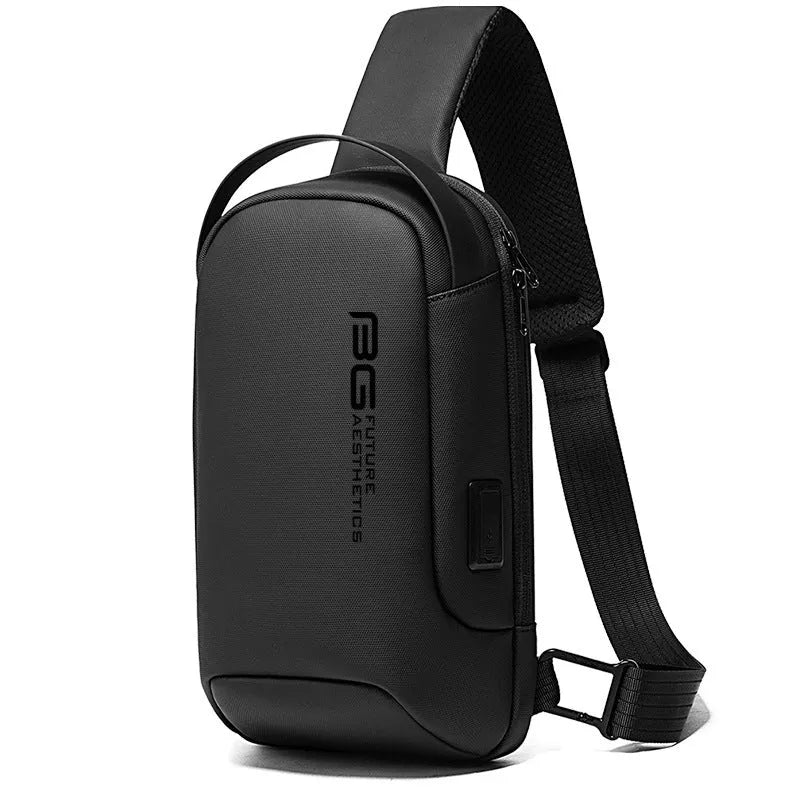 Men's Oxford cloth USB shoulder bag for business travel in blue colour with letter detail