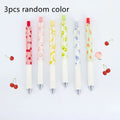 Three fruit scented press-action pens with 0.5mm tips and black ink refills