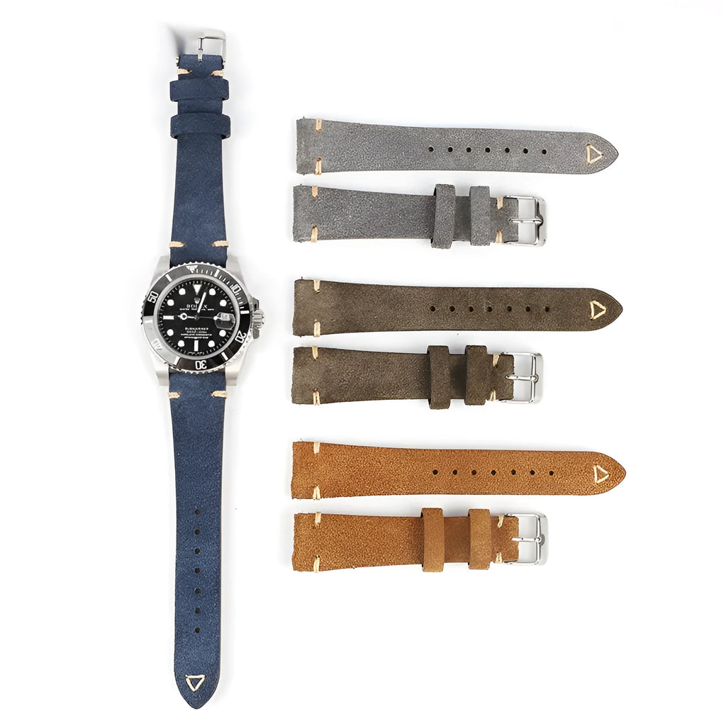 Small waist suede genuine leather watch strap in brown, blue, gray, and Army Green colours