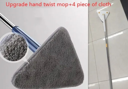 Blue extendable triangle cleaning mop with rotating head on stainless steel pole.