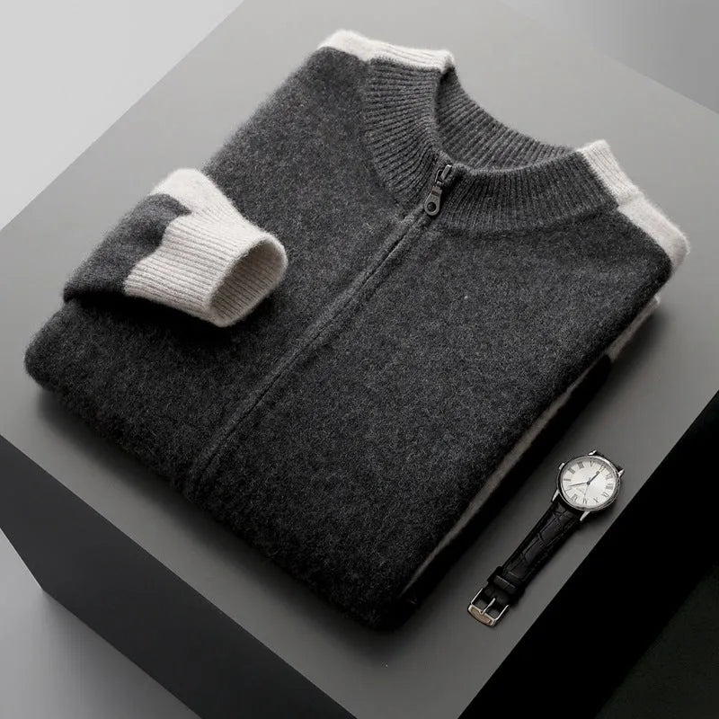 Men's half turtleneck zipper cardigan in wool available in multiple colours