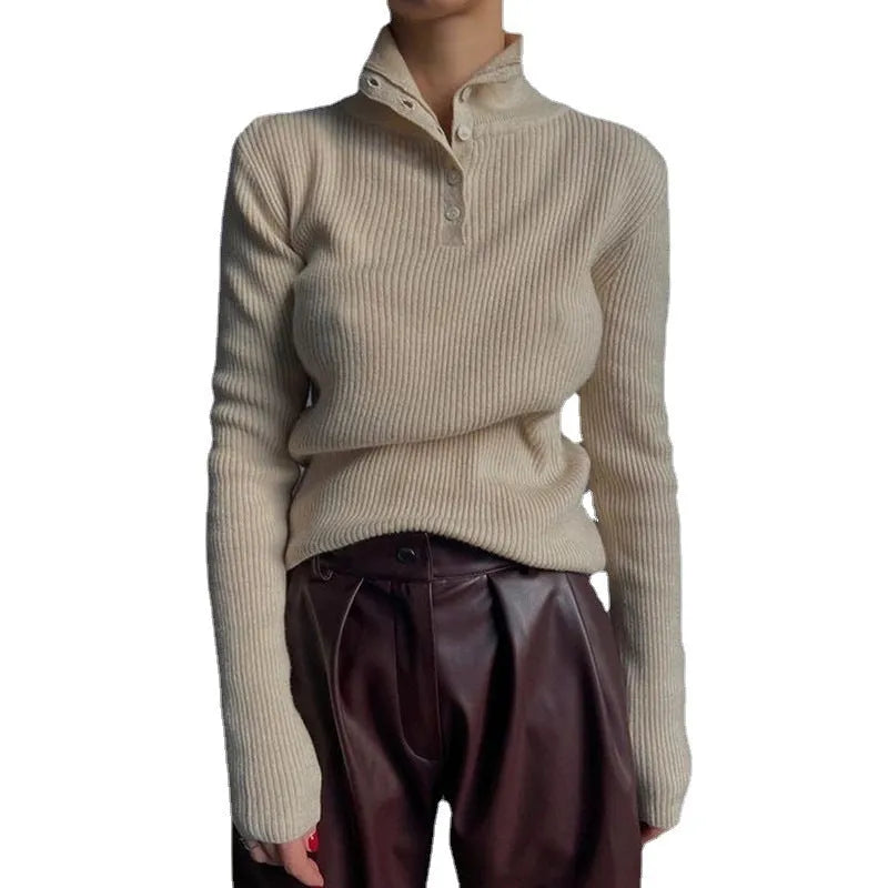 Women's silver grey slim fit half turtleneck pullover sweater with a single-breasted placket.
