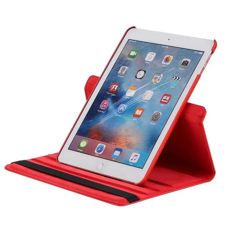 iPad rotating protective sleeve in imitation leather, showing clamshell design in solid colour options like black, blue, or pink.