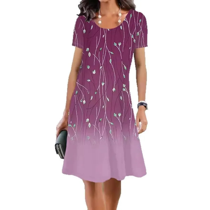 Ice silk floral print mid-length summer dress with round neck and short sleeves on mannequin
