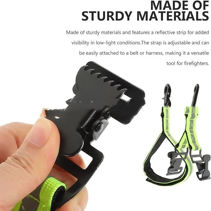 Fluorescent green metal buckle clamp for fireman gloves with reflective details.