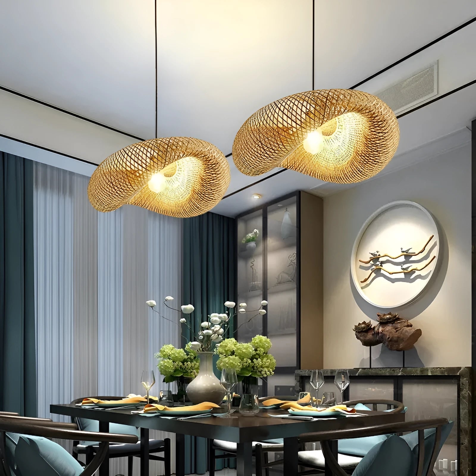 Natural bamboo straw hat-shaped hanging pendant lamp with 50cm diameter