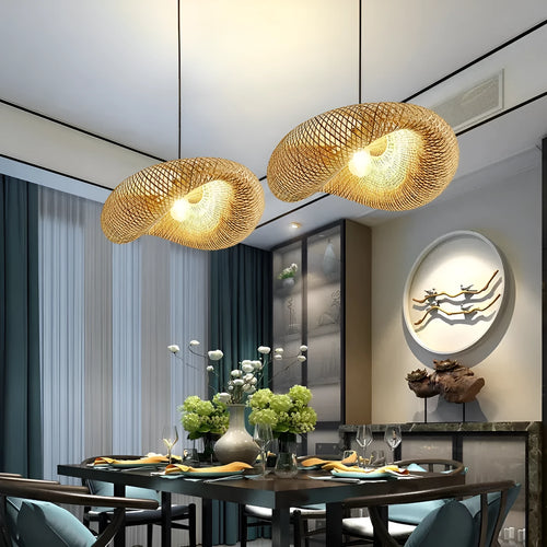 Natural bamboo straw hat-shaped hanging pendant lamp with 50cm diameter