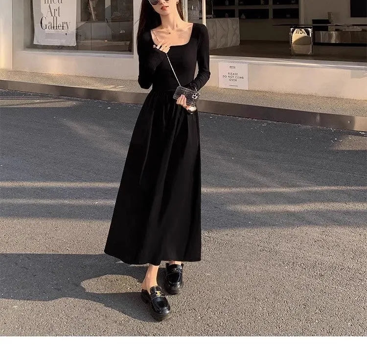 Black square collar knitted A-line dress with elastic waist and long sleeves