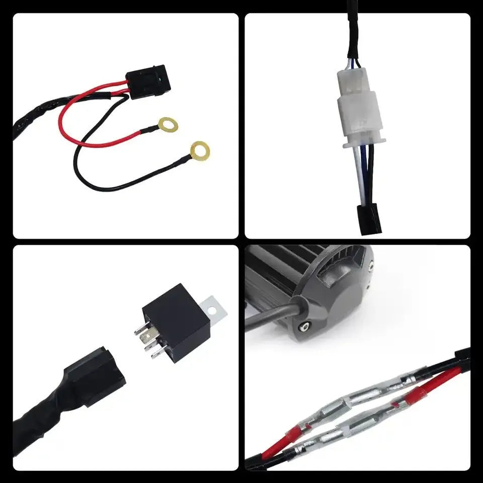 Automotive LED work light wiring harness with 2-metre silicone cable and connection parts