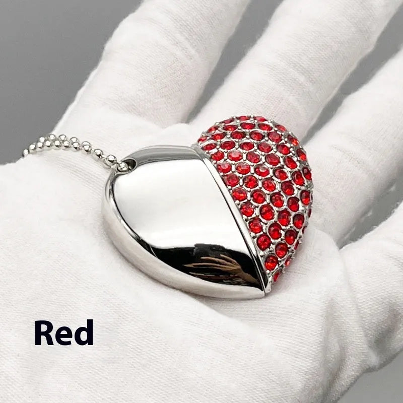 Blue brick pattern heart-shaped metal USB flash drive showing front design and USB connector
