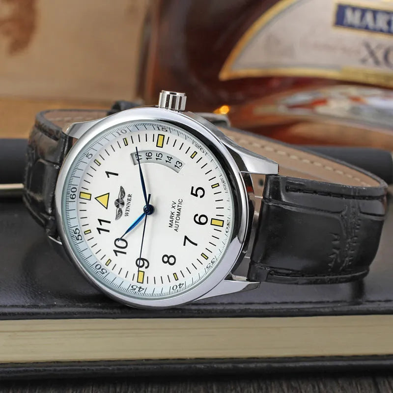 Automatic mechanical watch with calendar, 41.5mm alloy case, ordinary glass mirror, genuine leather strap, white or black belt or black steel belt