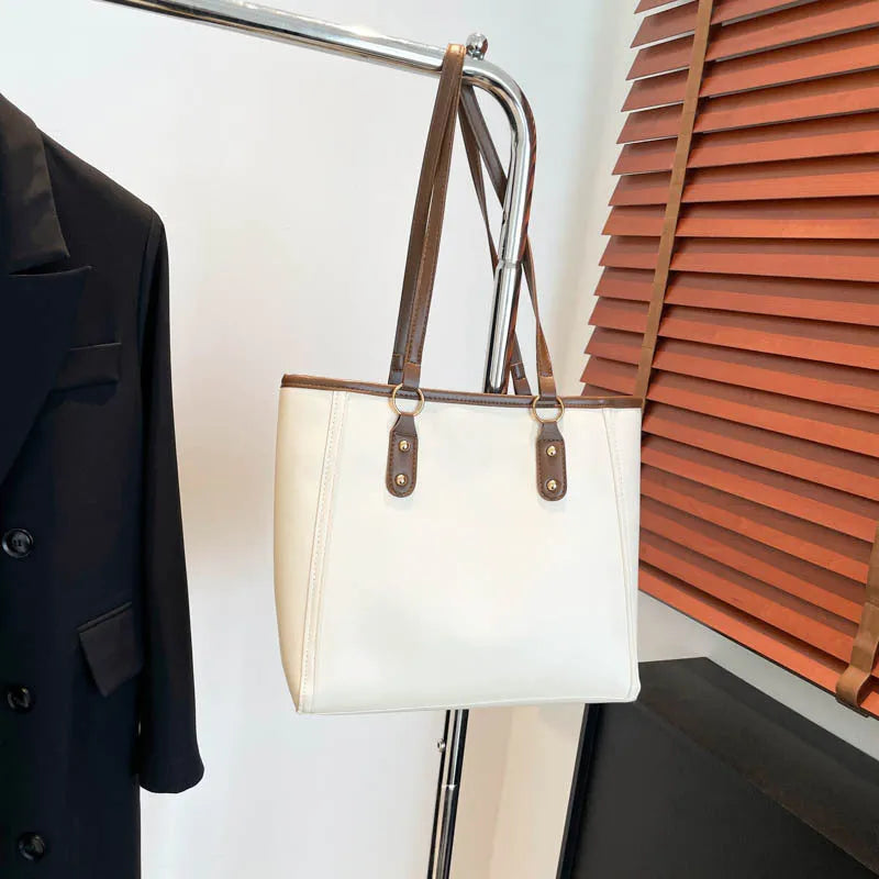 Korean style horizontal square shoulder underarm bag in PU with sandwich pocket, shown in beige colour.