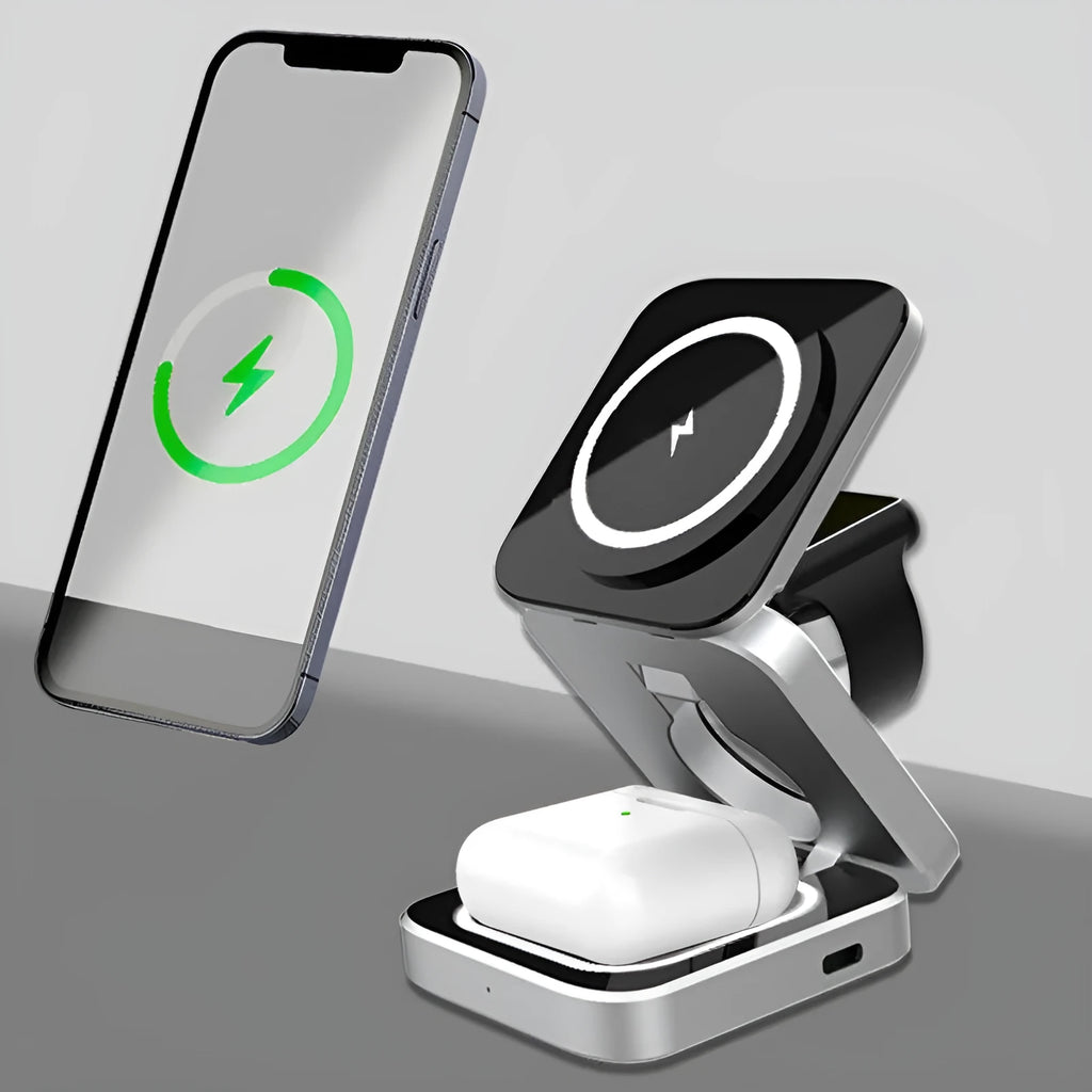 Three-in-one desktop wireless charging bracket with foldable stand and magnetic ring