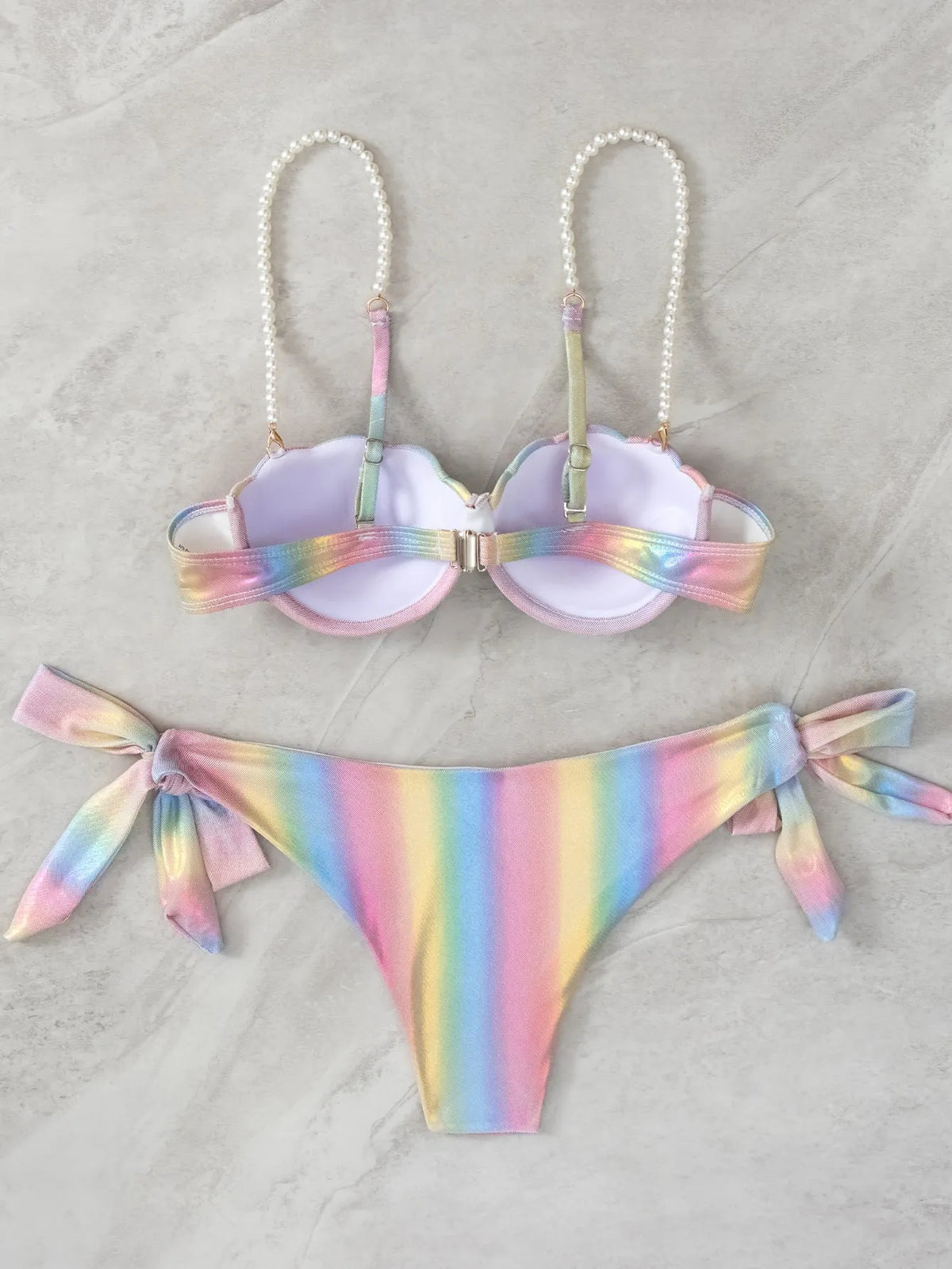 Women's shell rainbow pattern bikini swimsuit with split tied design